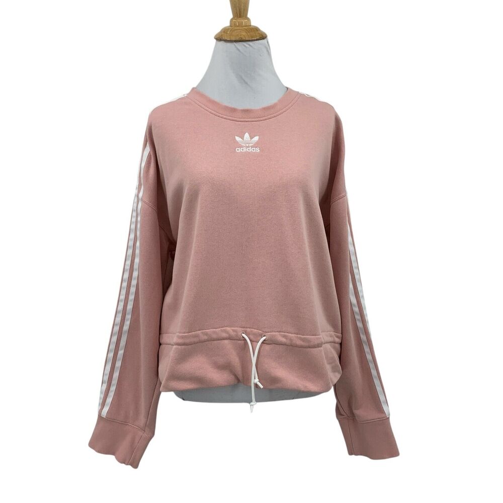 Adidas Sweatshirt Womens L Large Pink Trefoil Logo 3 Stripes Sleeve Waist Pull